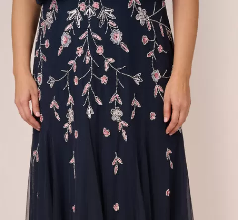 Adrianna Papell Plus Size Floral Beaded Blouson Tea Length Dress In Navy Blush NAVY-BLUSH Clearance