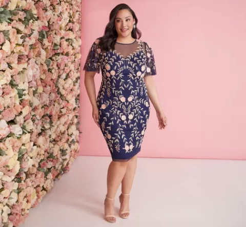 Adrianna Papell Plus Size Floral Beaded Dress With Sheer Flutter Sleeves In Navy Blush NAVY-BLUSH Outlet