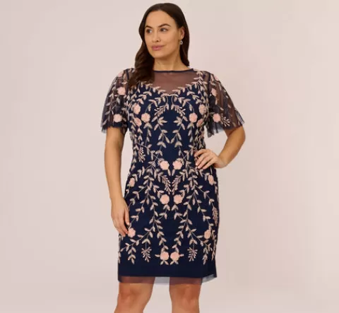 Adrianna Papell Plus Size Floral Beaded Dress With Sheer Flutter Sleeves In Navy Blush NAVY-BLUSH Outlet
