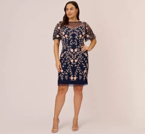 Adrianna Papell Plus Size Floral Beaded Dress With Sheer Flutter Sleeves In Navy Blush NAVY-BLUSH Outlet
