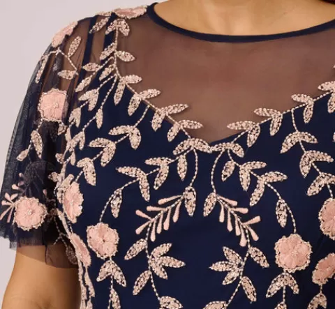 Adrianna Papell Plus Size Floral Beaded Dress With Sheer Flutter Sleeves In Navy Blush NAVY-BLUSH Outlet
