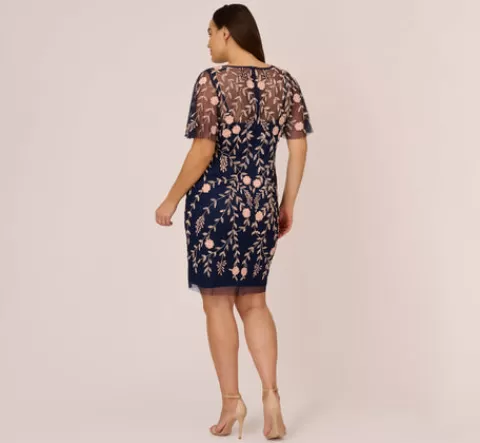 Adrianna Papell Plus Size Floral Beaded Dress With Sheer Flutter Sleeves In Navy Blush NAVY-BLUSH Outlet