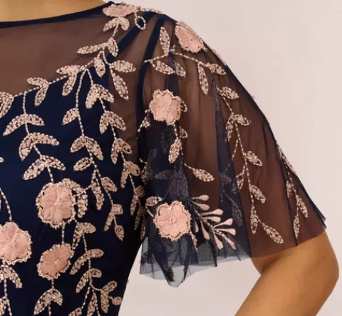 Adrianna Papell Plus Size Floral Beaded Dress With Sheer Flutter Sleeves In Navy Blush NAVY-BLUSH Outlet