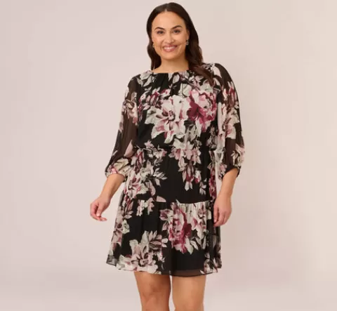 Adrianna Papell Plus Size Floral Chiffon Dress With Three Quarter Length Sleeves In Black Multi BLACKMULTI Best