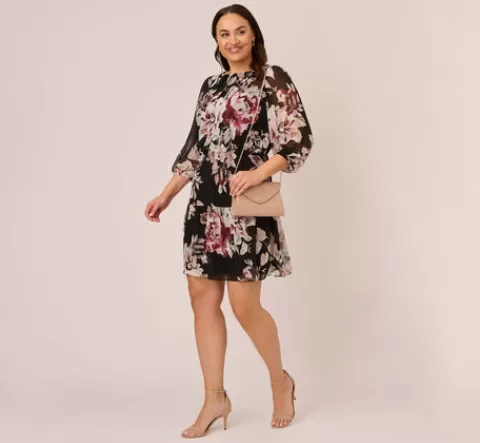 Adrianna Papell Plus Size Floral Chiffon Dress With Three Quarter Length Sleeves In Black Multi BLACKMULTI Best