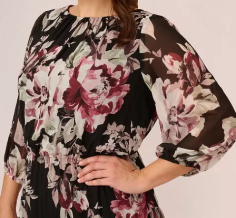 Adrianna Papell Plus Size Floral Chiffon Dress With Three Quarter Length Sleeves In Black Multi BLACKMULTI Best