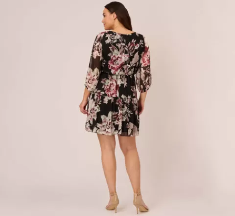 Adrianna Papell Plus Size Floral Chiffon Dress With Three Quarter Length Sleeves In Black Multi BLACKMULTI Best