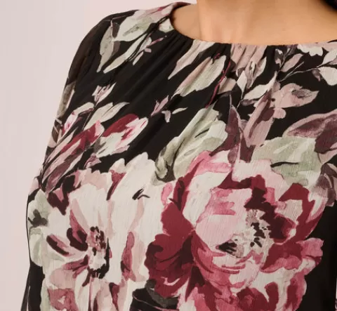 Adrianna Papell Plus Size Floral Chiffon Dress With Three Quarter Length Sleeves In Black Multi BLACKMULTI Best