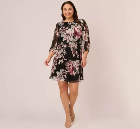 Adrianna Papell Plus Size Floral Chiffon Dress With Three Quarter Length Sleeves In Black Multi BLACKMULTI Best