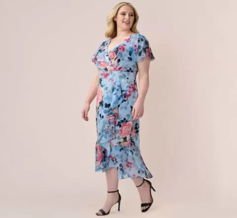 Adrianna Papell Plus Size Floral Faux Wrap Dress In Blue Multi BLUEMULTI Best Sale