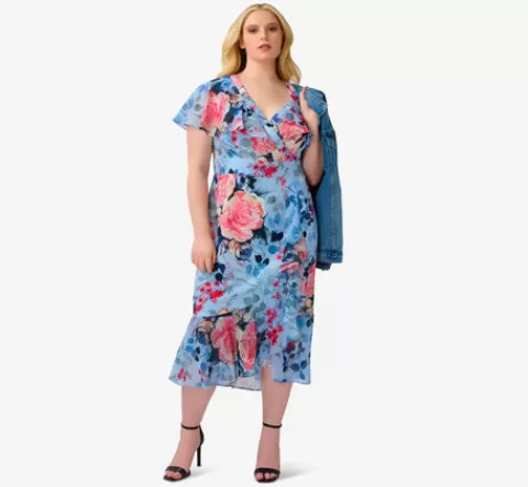 Adrianna Papell Plus Size Floral Faux Wrap Dress In Blue Multi BLUEMULTI Best Sale