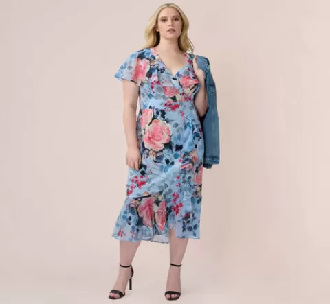 Adrianna Papell Plus Size Floral Faux Wrap Dress In Blue Multi BLUEMULTI Best Sale