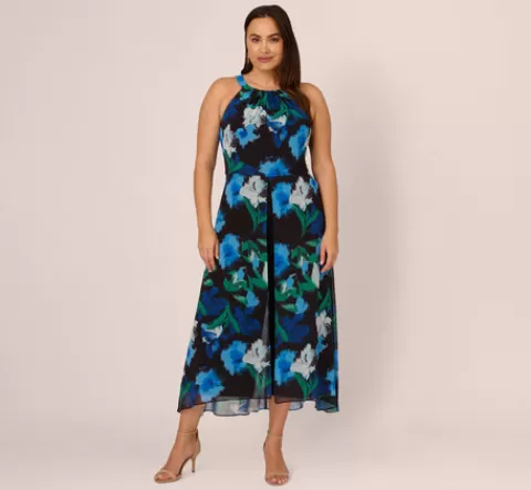 Adrianna Papell Plus Size Floral Print Chiffon Cropped Jumpsuit With Wide Legs In Black Multi BLACKMULTI Fashion