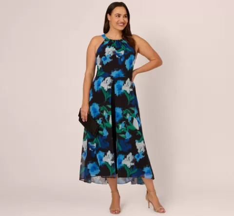 Adrianna Papell Plus Size Floral Print Chiffon Cropped Jumpsuit With Wide Legs In Black Multi BLACKMULTI Fashion