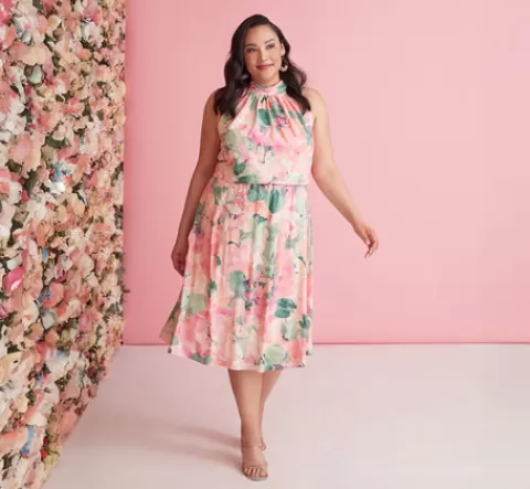 Adrianna Papell Plus Size Floral Print Chiffon Halter Dress With Mock Neck In Blush Multi BLUSHMULTI Best Sale