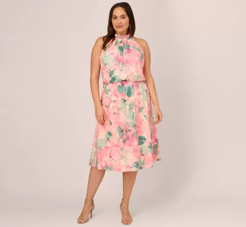 Adrianna Papell Plus Size Floral Print Chiffon Halter Dress With Mock Neck In Blush Multi BLUSHMULTI Best Sale