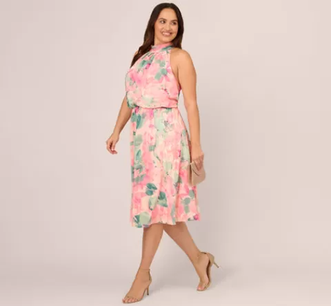 Adrianna Papell Plus Size Floral Print Chiffon Halter Dress With Mock Neck In Blush Multi BLUSHMULTI Best Sale