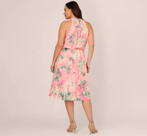 Adrianna Papell Plus Size Floral Print Chiffon Halter Dress With Mock Neck In Blush Multi BLUSHMULTI Best Sale