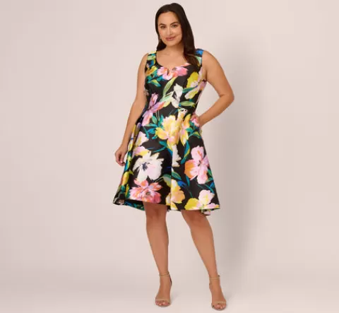 Adrianna Papell Plus Size Floral Print Mikado Sleeveless Dress With High Low Skirt In Black Multi BLACKMULTI Hot