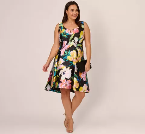 Adrianna Papell Plus Size Floral Print Mikado Sleeveless Dress With High Low Skirt In Black Multi BLACKMULTI Hot