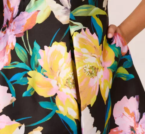 Adrianna Papell Plus Size Floral Print Mikado Sleeveless Dress With High Low Skirt In Black Multi BLACKMULTI Hot
