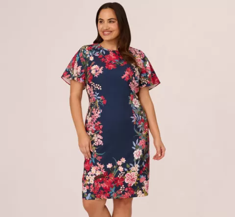 Adrianna Papell Plus Size Floral Print Twill Sheath Dress With Flutter Short Sleeves In Navy Multi NAVYMULTI New