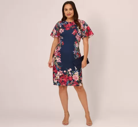 Adrianna Papell Plus Size Floral Print Twill Sheath Dress With Flutter Short Sleeves In Navy Multi NAVYMULTI New