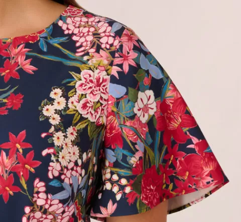 Adrianna Papell Plus Size Floral Print Twill Sheath Dress With Flutter Short Sleeves In Navy Multi NAVYMULTI New