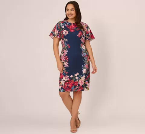 Adrianna Papell Plus Size Floral Print Twill Sheath Dress With Flutter Short Sleeves In Navy Multi NAVYMULTI New