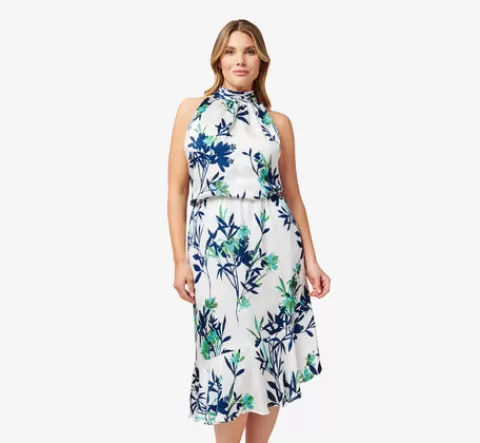 Adrianna Papell Plus Size Floral-Print Crepe Midi-Length Blouson Halter Dress In Ivory Multi IVORYMULTI Hot