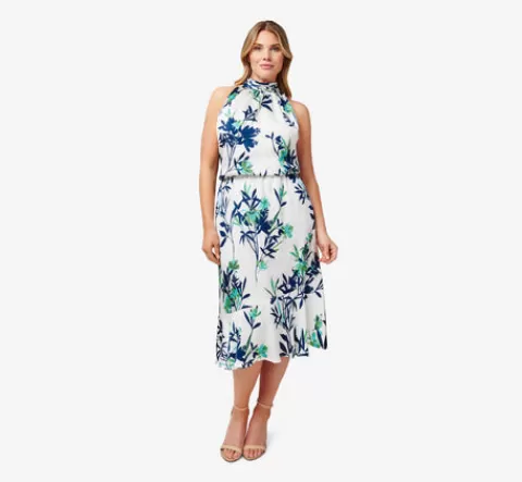 Adrianna Papell Plus Size Floral-Print Crepe Midi-Length Blouson Halter Dress In Ivory Multi IVORYMULTI Hot