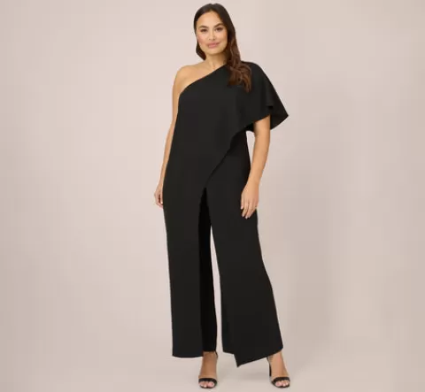 Adrianna Papell Plus Size Flutter One Shoulder Jumpsuit In BLACK Hot