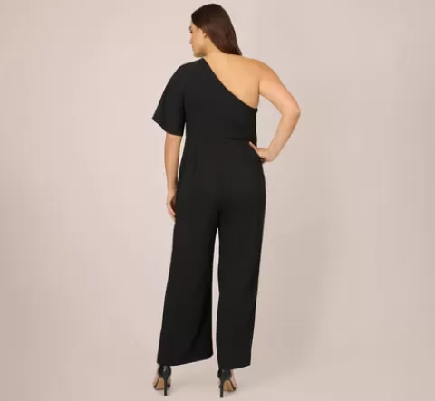Adrianna Papell Plus Size Flutter One Shoulder Jumpsuit In BLACK Hot