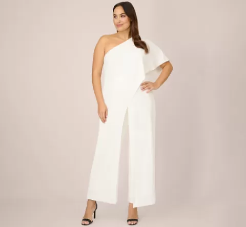 Adrianna Papell Plus Size Flutter One Shoulder Jumpsuit In IVORY Flash Sale