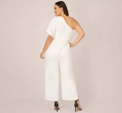 Adrianna Papell Plus Size Flutter One Shoulder Jumpsuit In IVORY Flash Sale