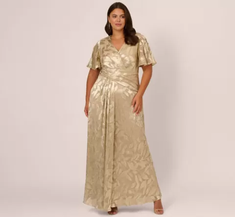 Adrianna Papell Plus Size Foil Leaf Short Sleeve Gown With Draped Details In Champagne Gold CHAMPAGNE-GOLD Flash Sale