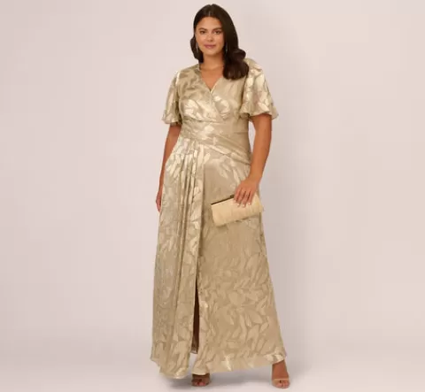 Adrianna Papell Plus Size Foil Leaf Short Sleeve Gown With Draped Details In Champagne Gold CHAMPAGNE-GOLD Flash Sale