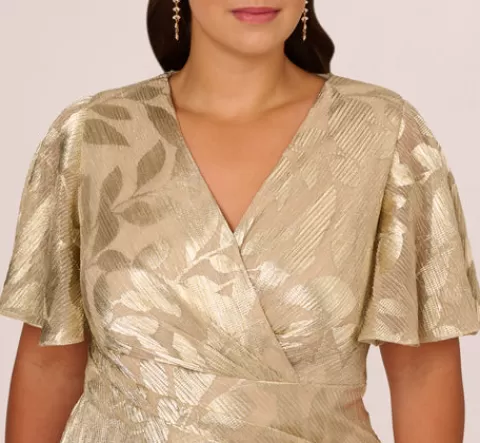 Adrianna Papell Plus Size Foil Leaf Short Sleeve Gown With Draped Details In Champagne Gold CHAMPAGNE-GOLD Flash Sale