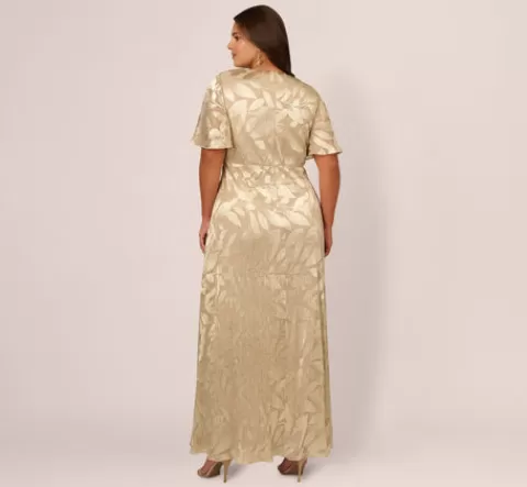 Adrianna Papell Plus Size Foil Leaf Short Sleeve Gown With Draped Details In Champagne Gold CHAMPAGNE-GOLD Flash Sale