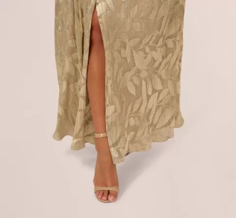Adrianna Papell Plus Size Foil Leaf Short Sleeve Gown With Draped Details In Champagne Gold CHAMPAGNE-GOLD Flash Sale