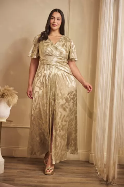 Adrianna Papell Plus Size Foil Leaf Short Sleeve Gown With Draped Details In Champagne Gold CHAMPAGNE-GOLD Flash Sale