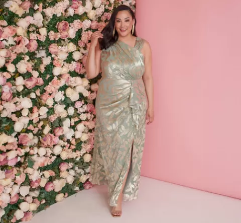 Adrianna Papell Plus Size Foil Printed Asymmetric Gown With Ruffled Detail In Sage Gold SAGE-GOLD Hot