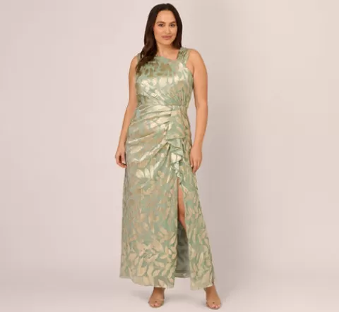 Adrianna Papell Plus Size Foil Printed Asymmetric Gown With Ruffled Detail In Sage Gold SAGE-GOLD Hot