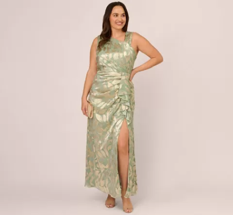 Adrianna Papell Plus Size Foil Printed Asymmetric Gown With Ruffled Detail In Sage Gold SAGE-GOLD Hot