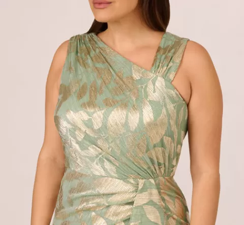 Adrianna Papell Plus Size Foil Printed Asymmetric Gown With Ruffled Detail In Sage Gold SAGE-GOLD Hot
