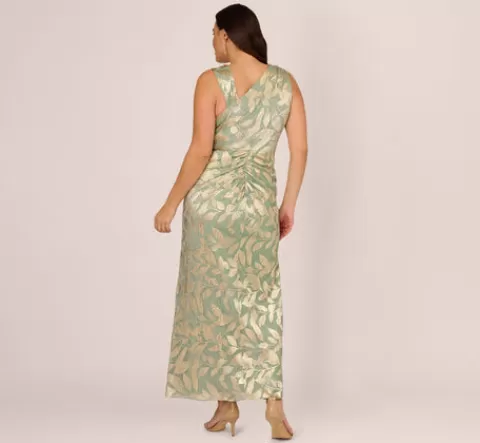 Adrianna Papell Plus Size Foil Printed Asymmetric Gown With Ruffled Detail In Sage Gold SAGE-GOLD Hot