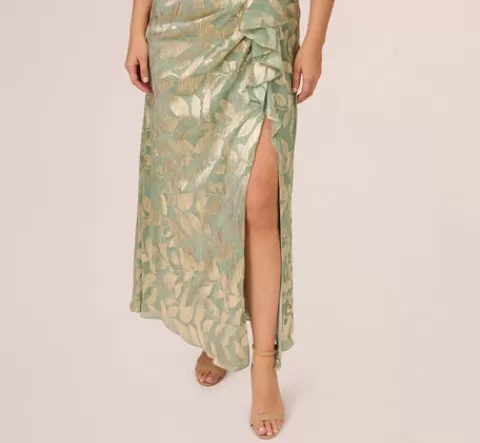 Adrianna Papell Plus Size Foil Printed Asymmetric Gown With Ruffled Detail In Sage Gold SAGE-GOLD Hot