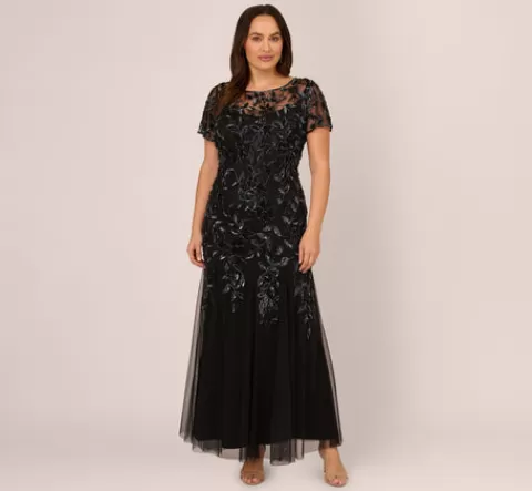 Adrianna Papell Plus Size Hand Beaded Short Sleeve Floral Godet Gown In Black Gunmetal BLACK-GUNMETAL Best Sale
