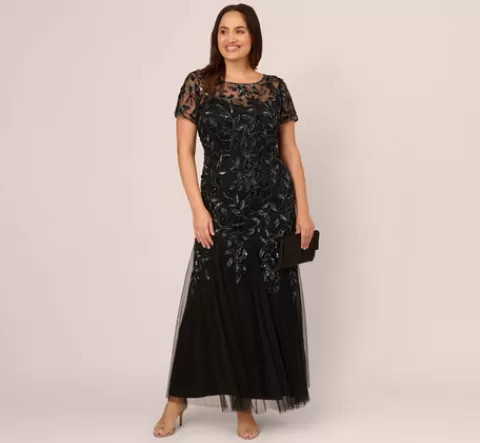 Adrianna Papell Plus Size Hand Beaded Short Sleeve Floral Godet Gown In Black Gunmetal BLACK-GUNMETAL Best Sale