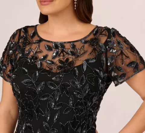 Adrianna Papell Plus Size Hand Beaded Short Sleeve Floral Godet Gown In Black Gunmetal BLACK-GUNMETAL Best Sale